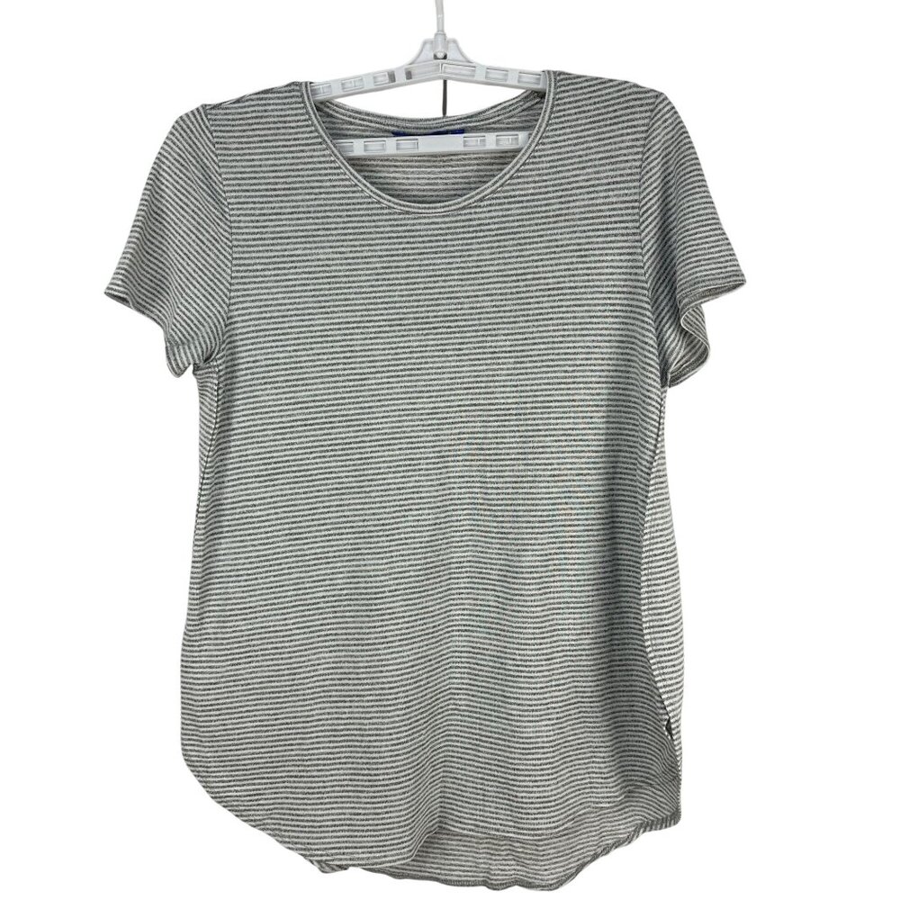 APT 9 Womens Gray White Striped Short Sleeve Scoop Neck Tee Size L Casual Knit
